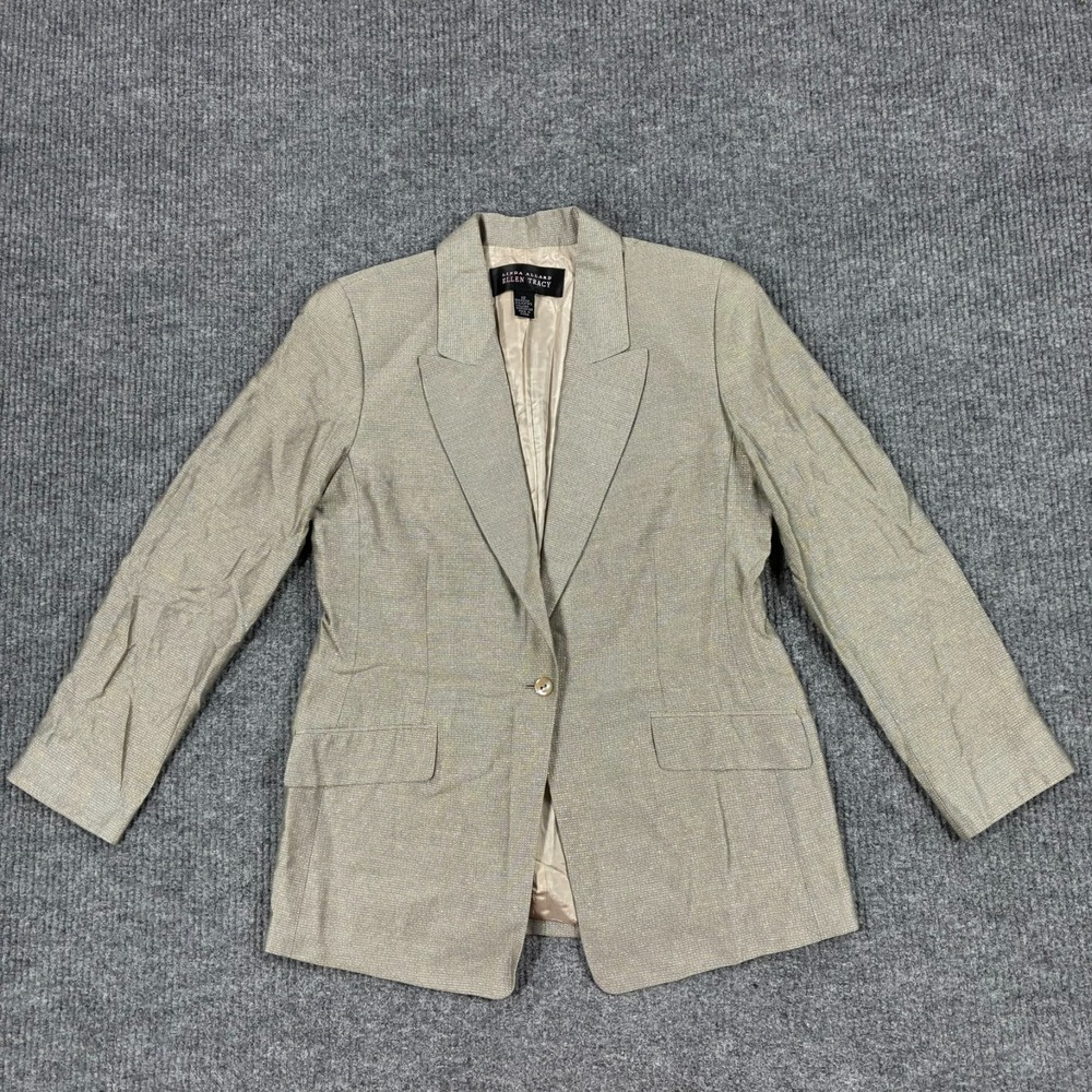 Vintage Linda Allard Ellen Tracy Womens Size 12 Gray Linen Blend Blazer Jacket